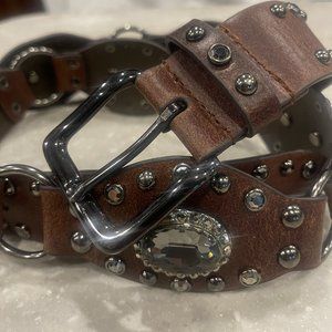 Leather Brown Belt w/Dark Metal Hoops and Large Dark Rhinestones